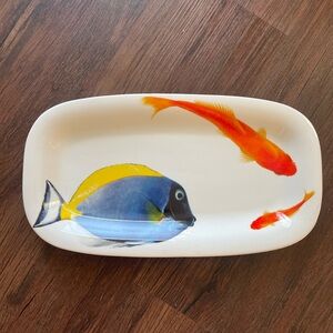 RB Signed Portugal Blue Surgeonfish And Koi Fish White Platter Tray 14x7.5”
